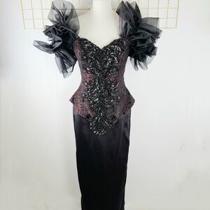 Cache Beaded Sequin Lace Tulle Puff Shoulder USA Vintage Evening Dress